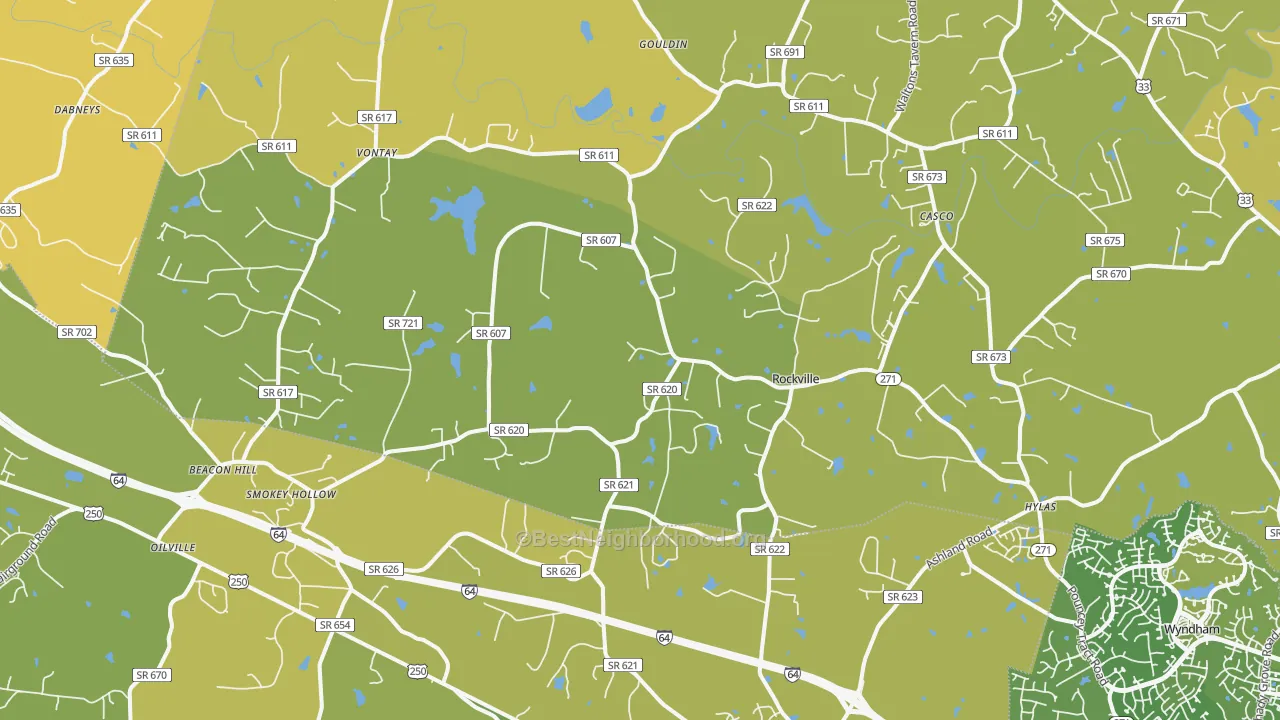 Map of the best neighborhoods in the Rockville area, with better matches in green and worse matches in red