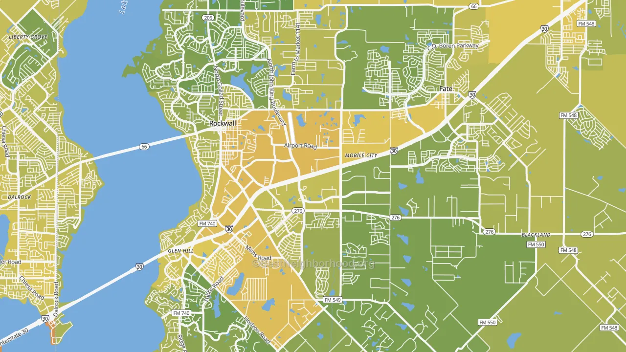 Map of the best neighborhoods in the Rockwall County area, with better matches in green and worse matches in red
