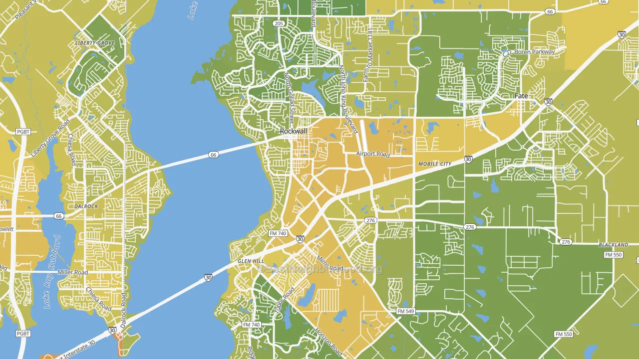 Map of the best neighborhoods in the Rockwall area, with better matches in green and worse matches in red