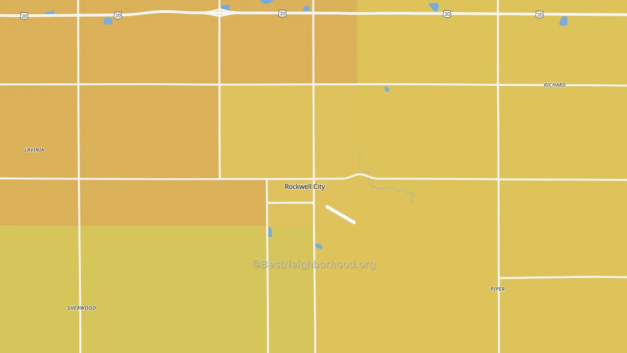 Map of the best neighborhoods in the Rockwell City area, with better matches in green and worse matches in red
