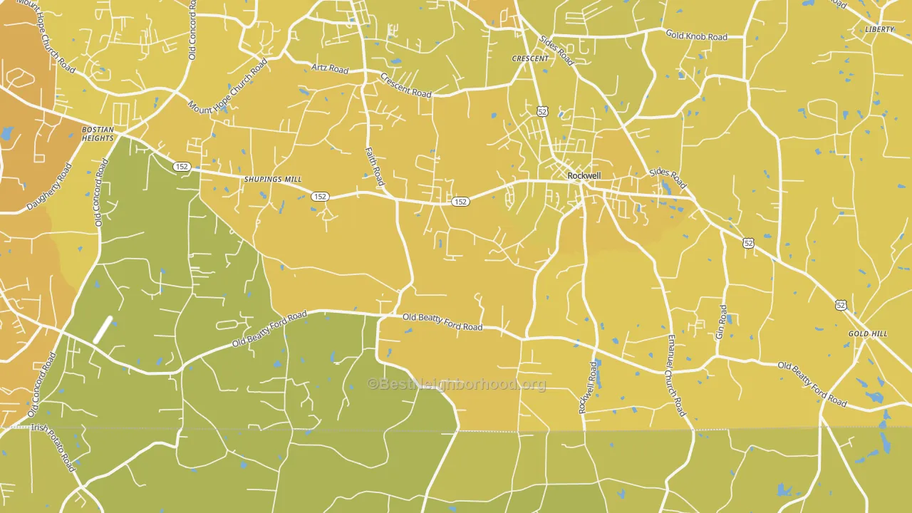 Map of the best neighborhoods in the Rockwell area, with better matches in green and worse matches in red