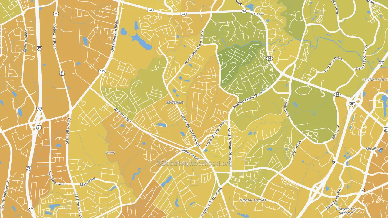 Map of the best neighborhoods in the Rockwell Park-Hemphill Heights, Charlotte area, with better matches in green and worse matches in red