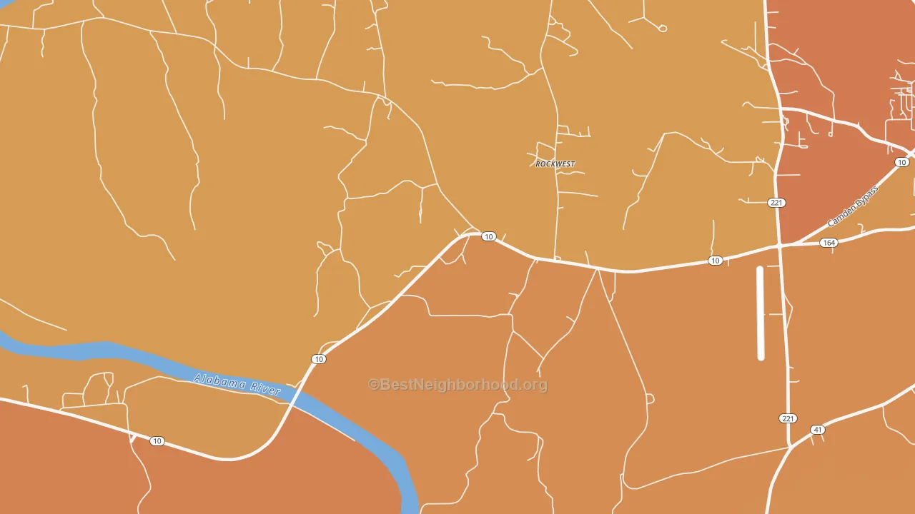 Map of the best neighborhoods in the Rockwest area, with better matches in green and worse matches in red