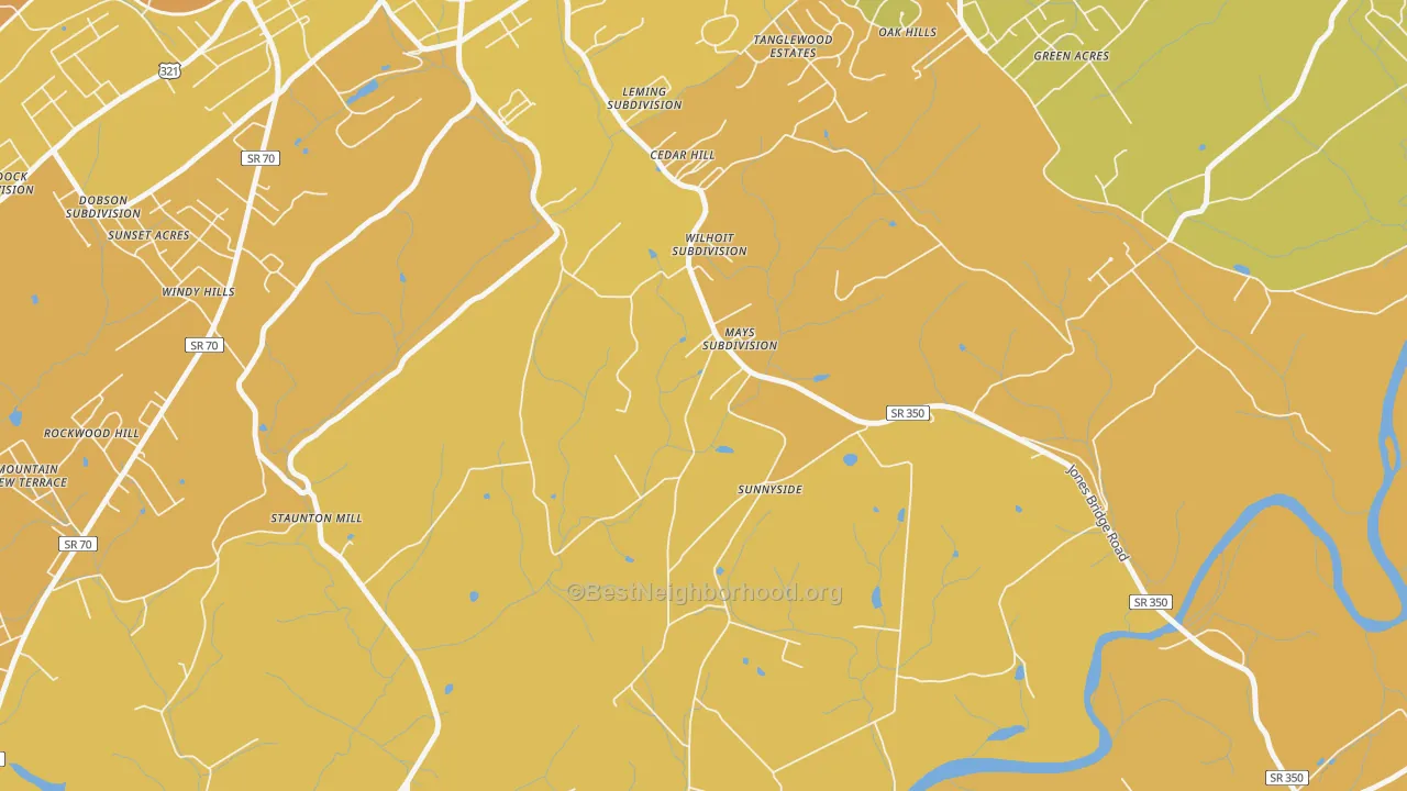Map of the best neighborhoods in the Rockwood Hill area, with better matches in green and worse matches in red