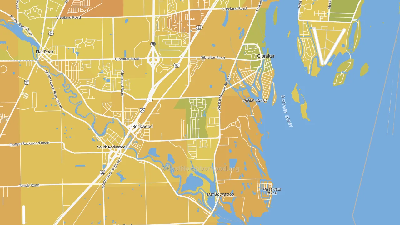 Map of the best neighborhoods in the Rockwood area, with better matches in green and worse matches in red