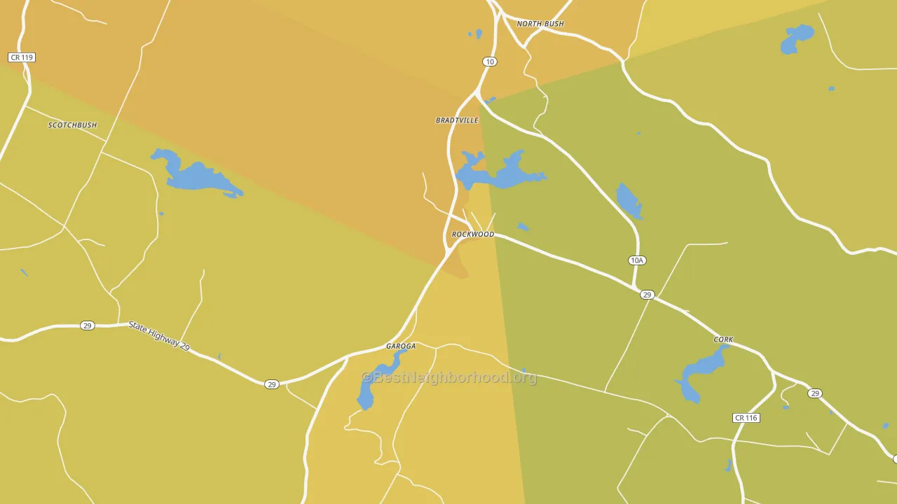 Map of the best neighborhoods in the Rockwood area, with better matches in green and worse matches in red