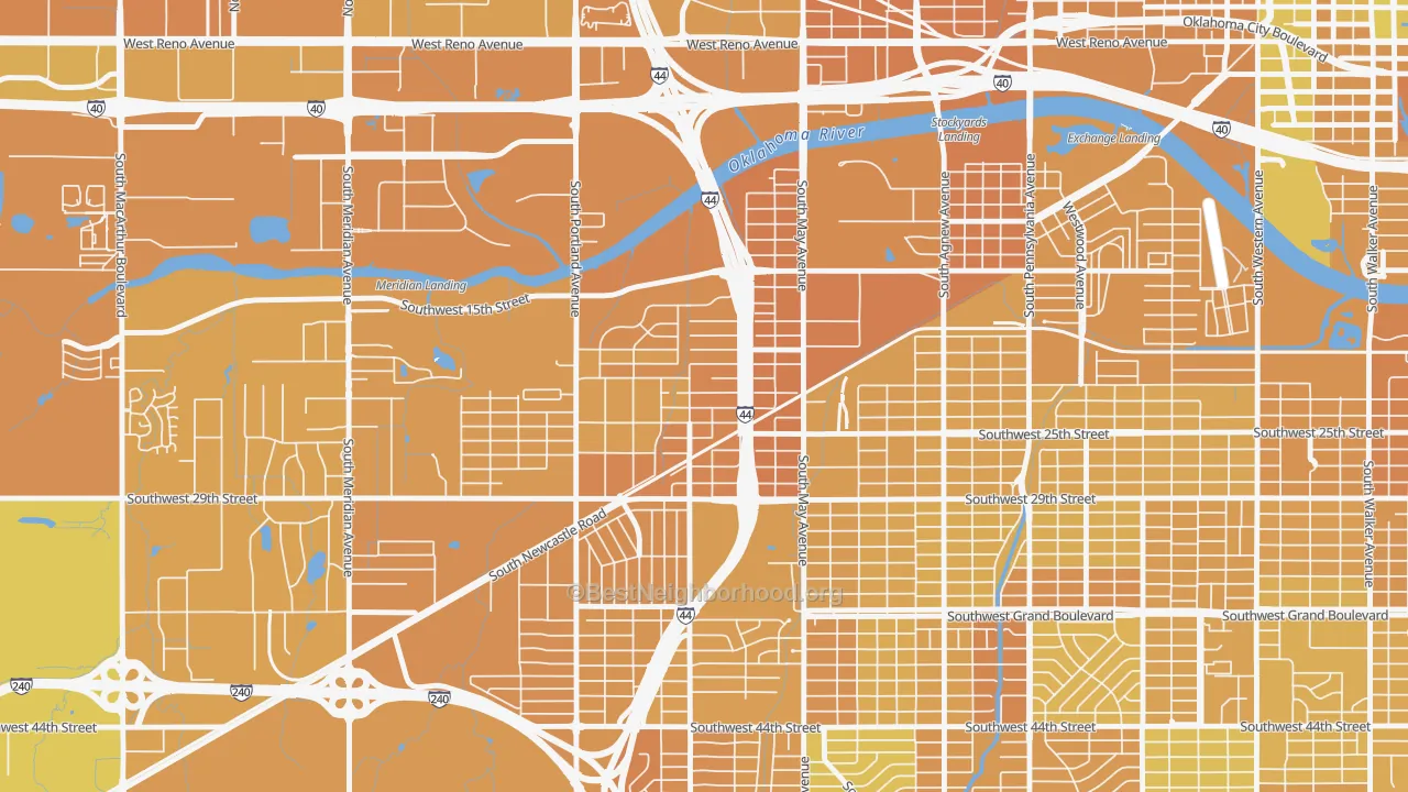 Map of the best neighborhoods in the Rockwood, Oklahoma City area, with better matches in green and worse matches in red