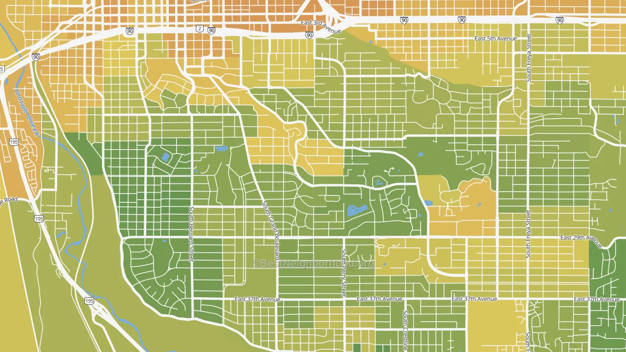 Map of the best neighborhoods in the Rockwood, Spokane area, with better matches in green and worse matches in red