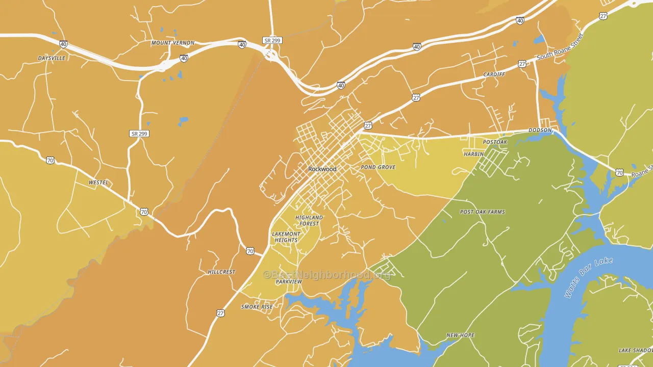 Map of the best neighborhoods in the Rockwood area, with better matches in green and worse matches in red