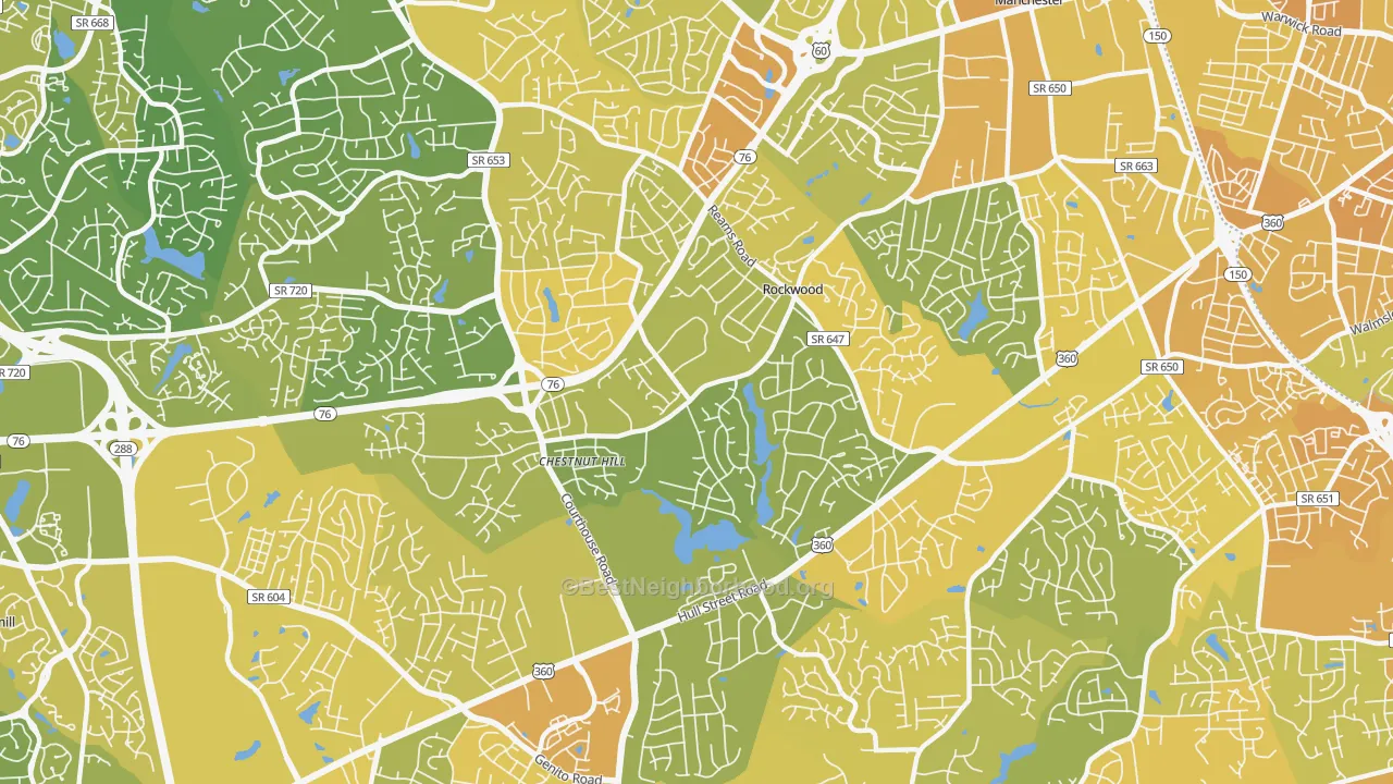 Map of the best neighborhoods in the Rockwood area, with better matches in green and worse matches in red