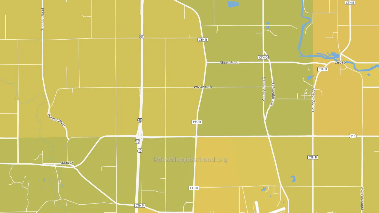 Map of the best neighborhoods in the Rockwood area, with better matches in green and worse matches in red