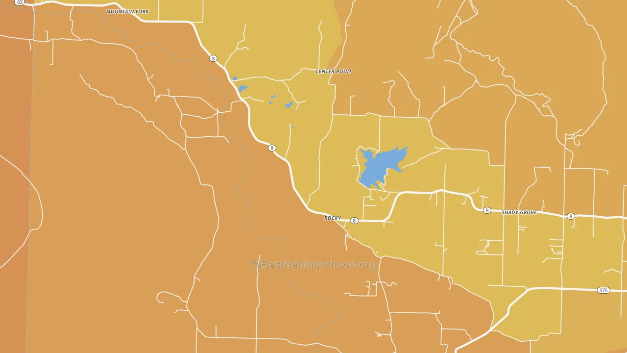 Map of the best neighborhoods in the Rocky area, with better matches in green and worse matches in red