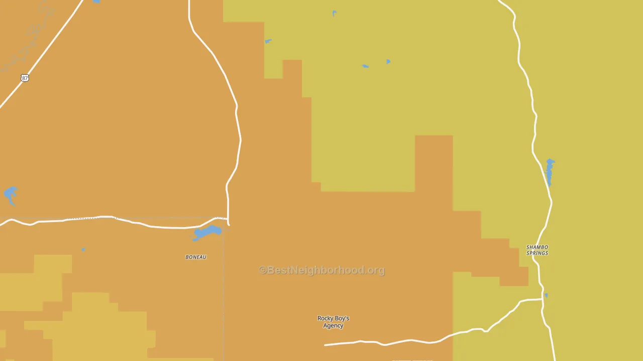 Map of the best neighborhoods in the Rocky Boy area, with better matches in green and worse matches in red