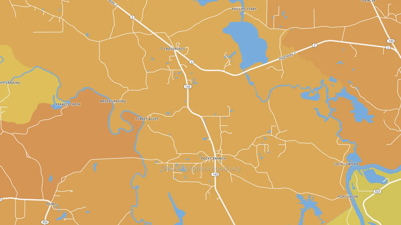 Map of the best neighborhoods in the Rocky Branch area, with better matches in green and worse matches in red