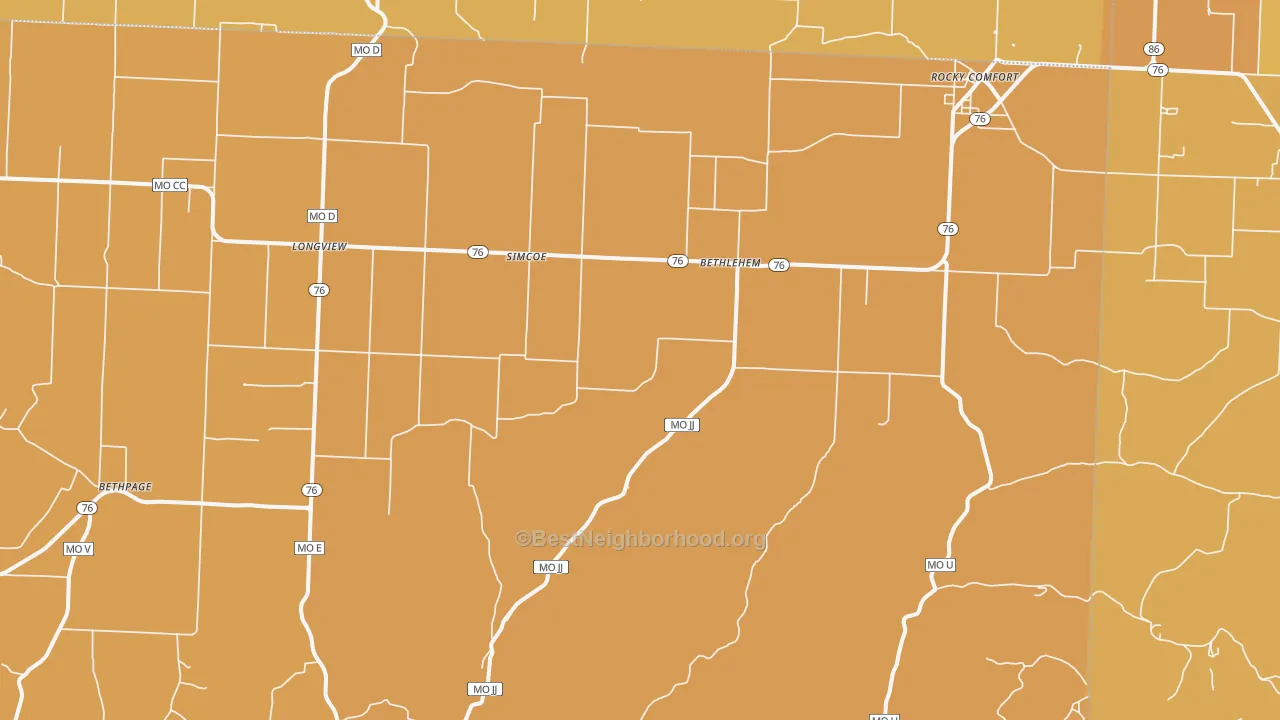 Map of the best neighborhoods in the Rocky Comfort area, with better matches in green and worse matches in red