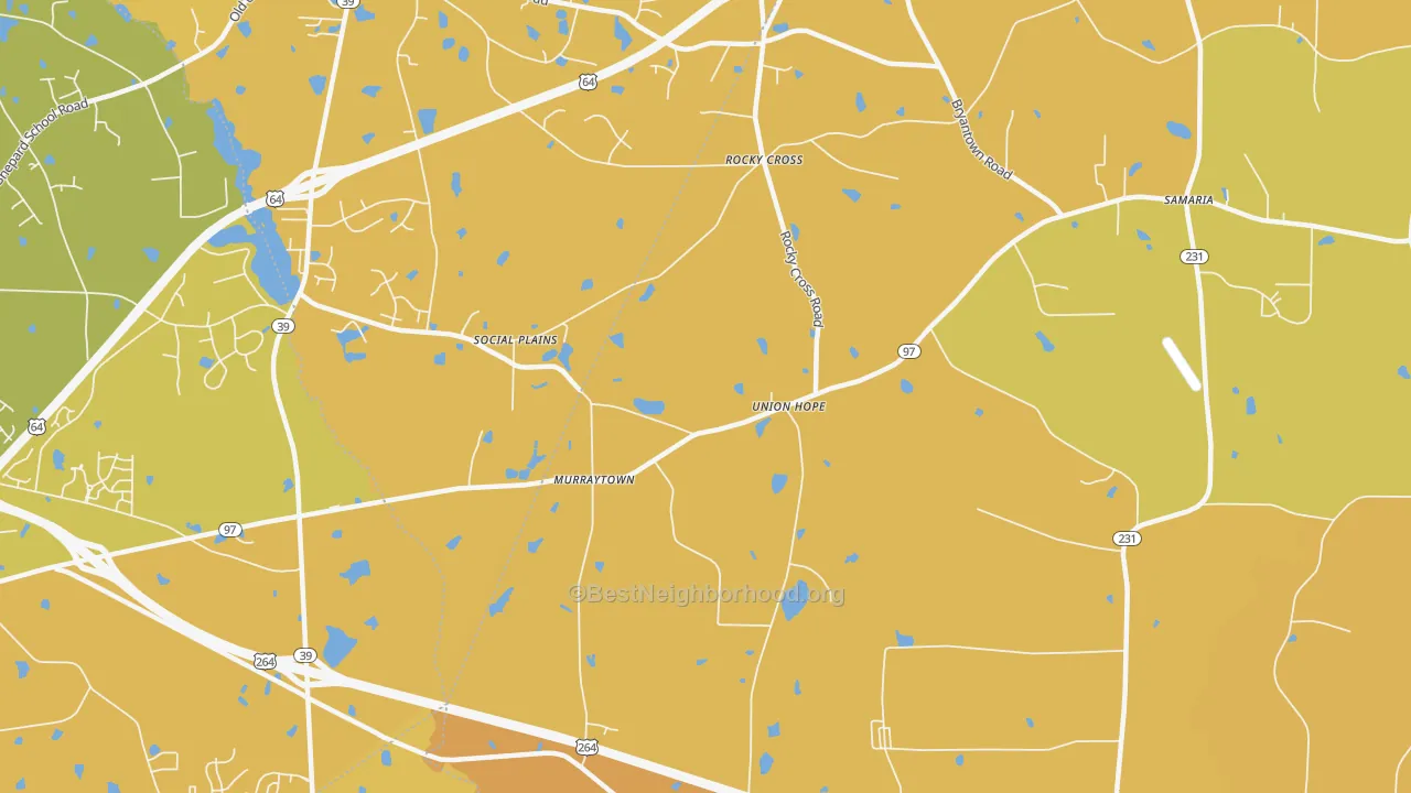 Map of the best neighborhoods in the Rocky Cross area, with better matches in green and worse matches in red