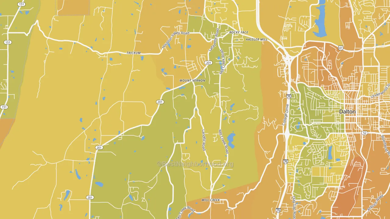 Map of the best neighborhoods in the Rocky Face area, with better matches in green and worse matches in red