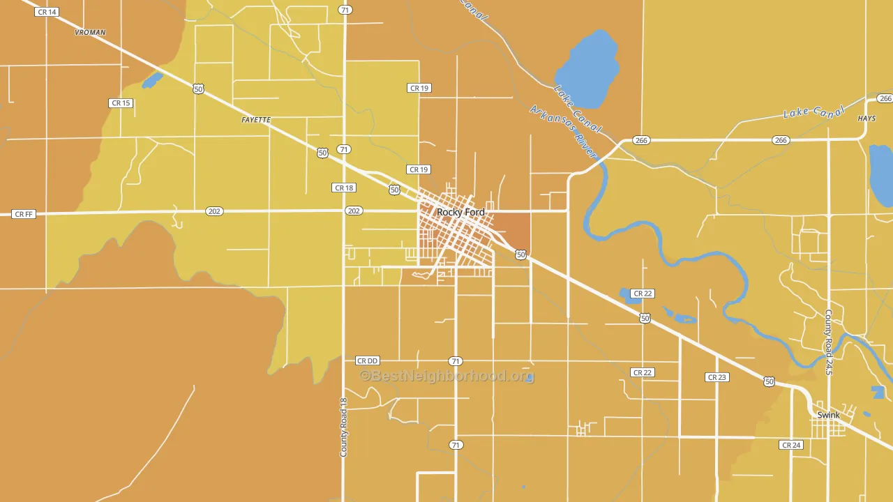 Map of the best neighborhoods in the Rocky Ford area, with better matches in green and worse matches in red