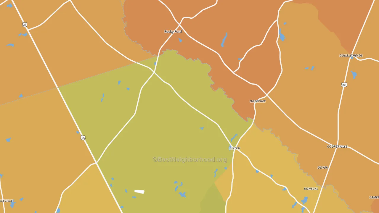 Map of the best neighborhoods in the Rocky Ford area, with better matches in green and worse matches in red