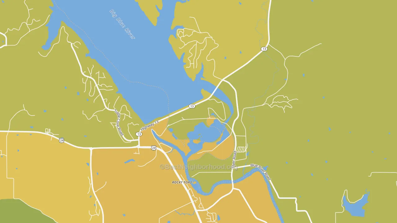 Map of the best neighborhoods in the Rocky Ford area, with better matches in green and worse matches in red