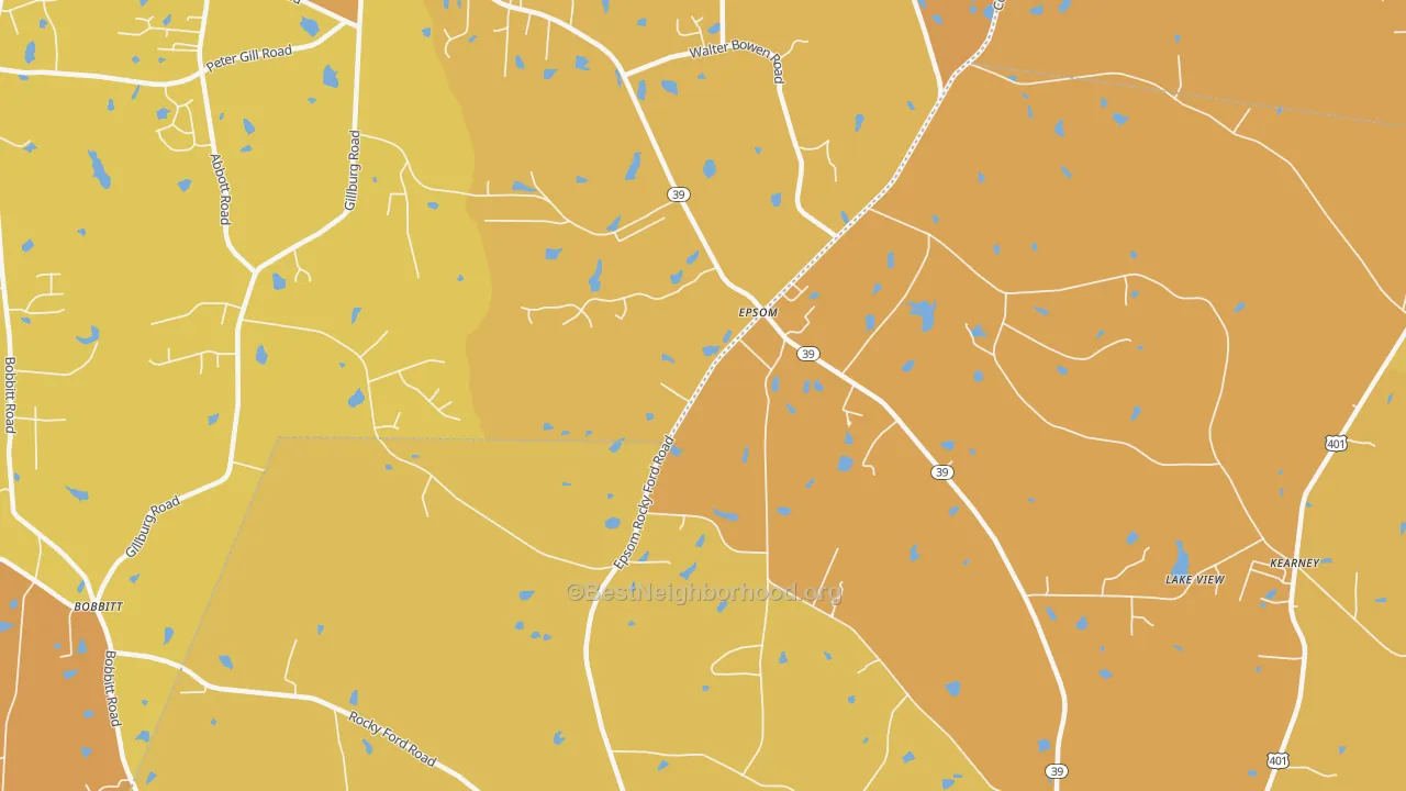Map of the best neighborhoods in the Rocky Ford area, with better matches in green and worse matches in red