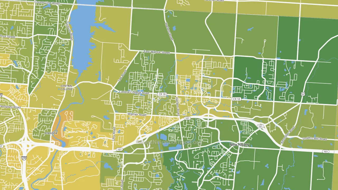 Map of the best neighborhoods in the Rocky-Fork Blacklick Accord, Westerville area, with better matches in green and worse matches in red