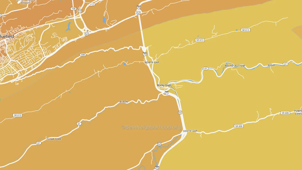 Map of the best neighborhoods in the Rocky Gap area, with better matches in green and worse matches in red
