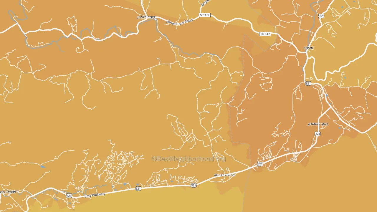 Map of the best neighborhoods in the Rocky Grove area, with better matches in green and worse matches in red