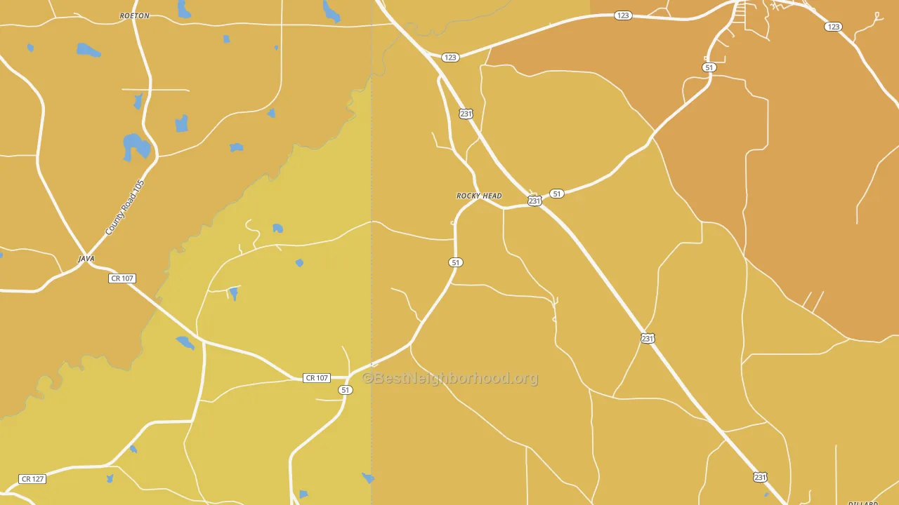 Map of the best neighborhoods in the Rocky Head area, with better matches in green and worse matches in red