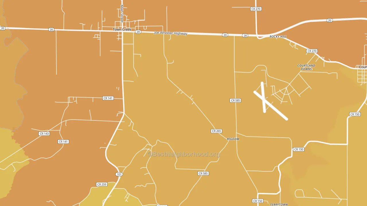 Map of the best neighborhoods in the Rocky Hill area, with better matches in green and worse matches in red