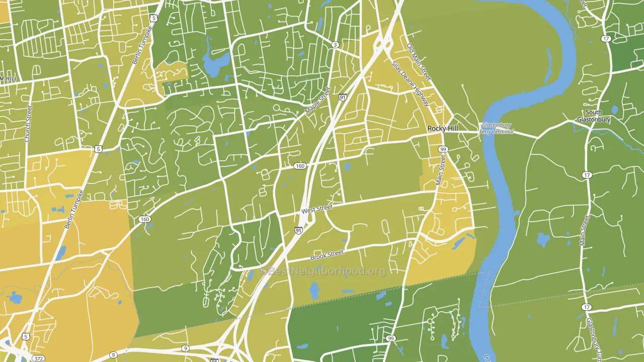 Map of the best neighborhoods in the Rocky Hill area, with better matches in green and worse matches in red