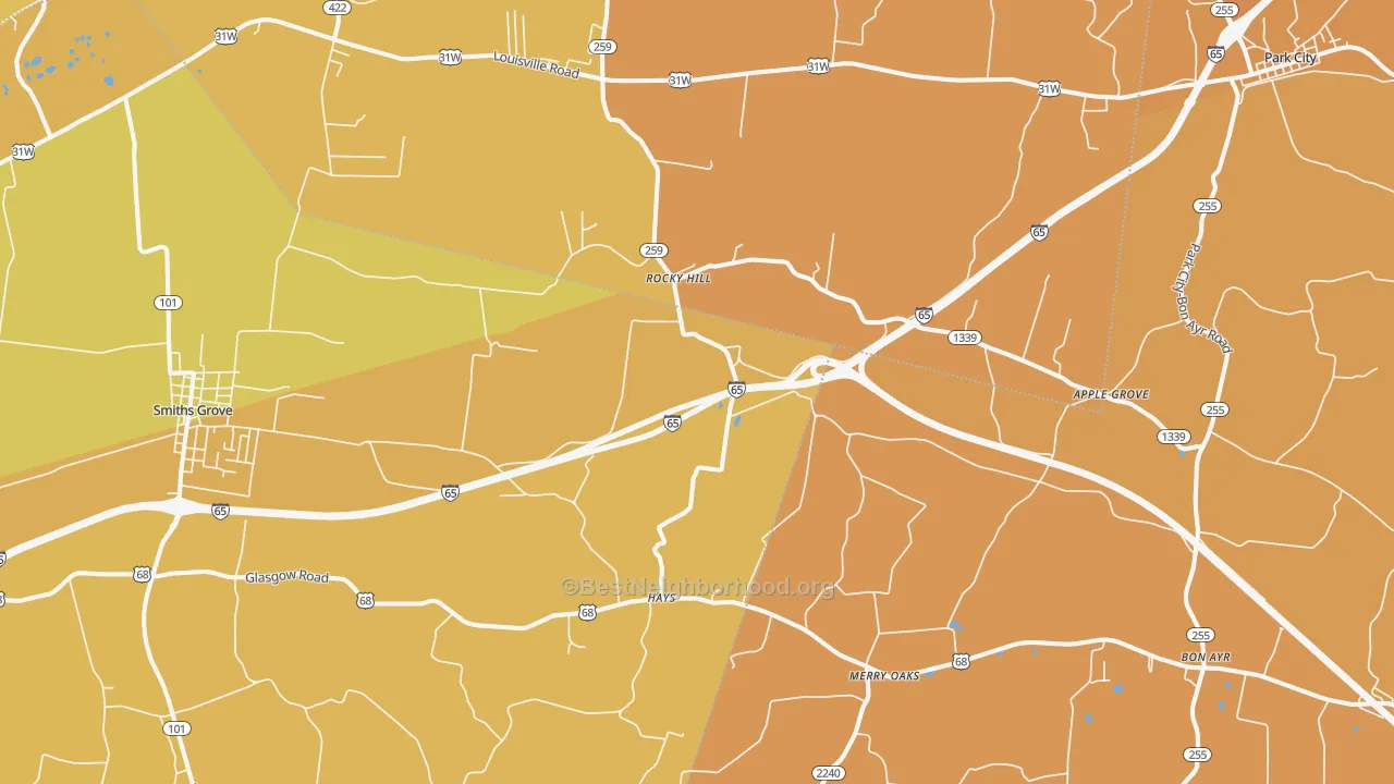 Map of the best neighborhoods in the Rocky Hill area, with better matches in green and worse matches in red