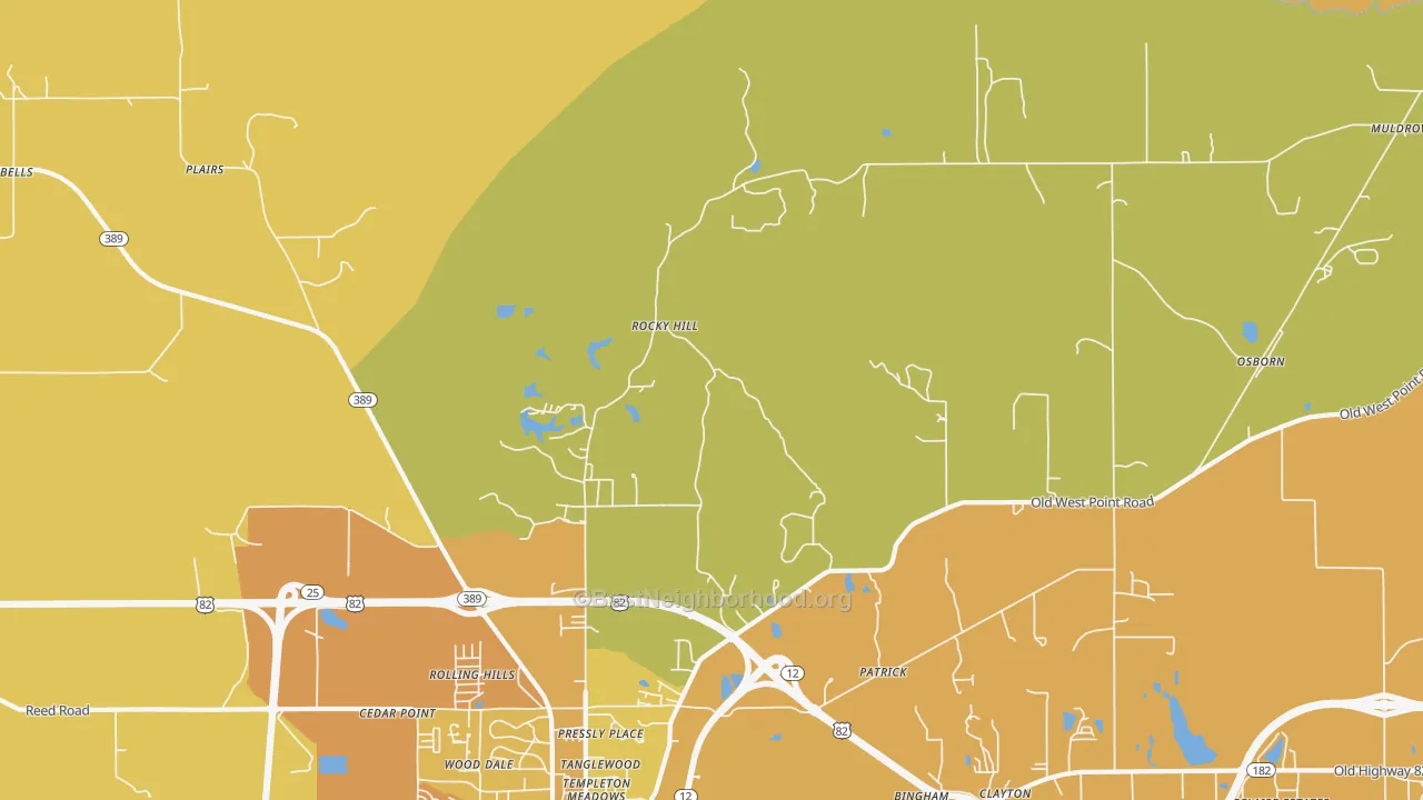 Map of the best neighborhoods in the Rocky Hill area, with better matches in green and worse matches in red