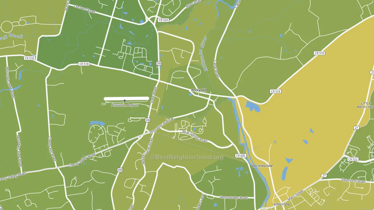 Map of the best neighborhoods in the Rocky Hill area, with better matches in green and worse matches in red