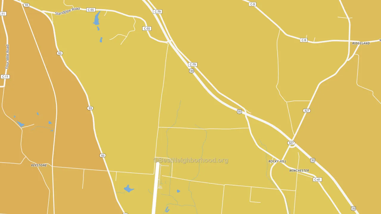 Map of the best neighborhoods in the Rocky Hill area, with better matches in green and worse matches in red