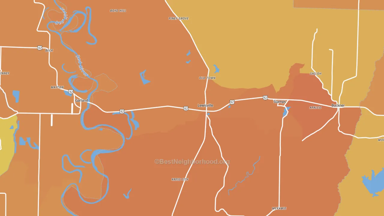 Map of the best neighborhoods in the Rocky Mound area, with better matches in green and worse matches in red