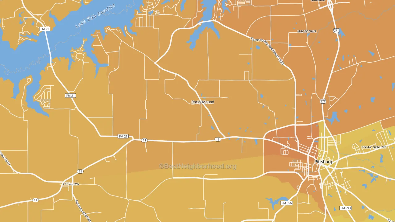 Map of the best neighborhoods in the Rocky Mound area, with better matches in green and worse matches in red