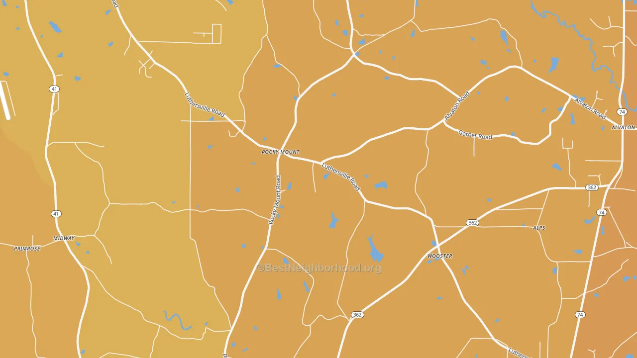 Map of the best neighborhoods in the Rocky Mount area, with better matches in green and worse matches in red