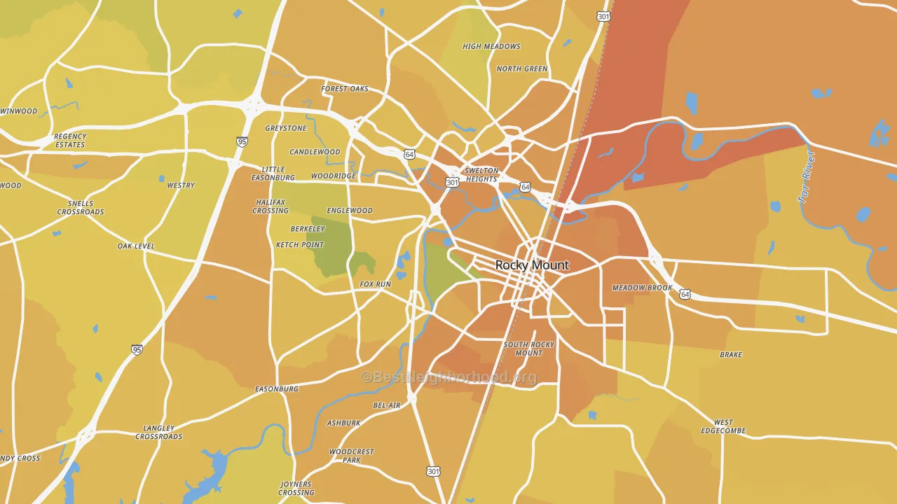 Map of the best neighborhoods in the Rocky Mount Metro area, with better matches in green and worse matches in red