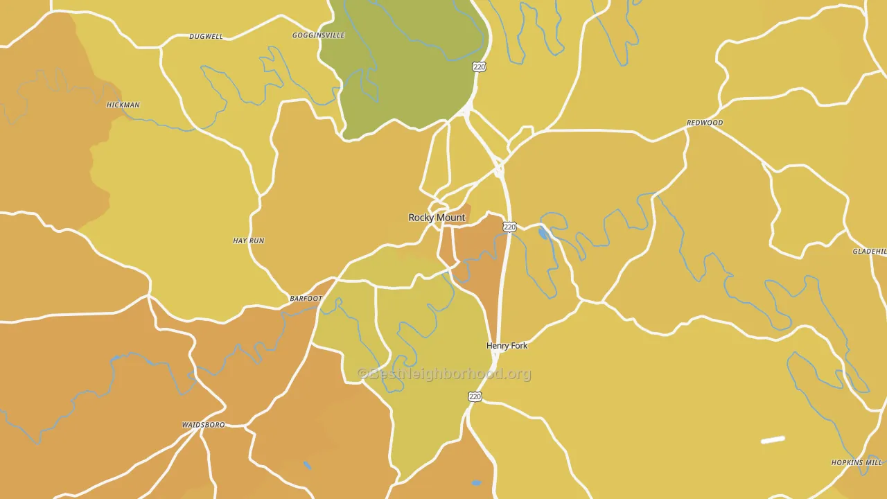 Map of the best neighborhoods in the Rocky Mount area, with better matches in green and worse matches in red