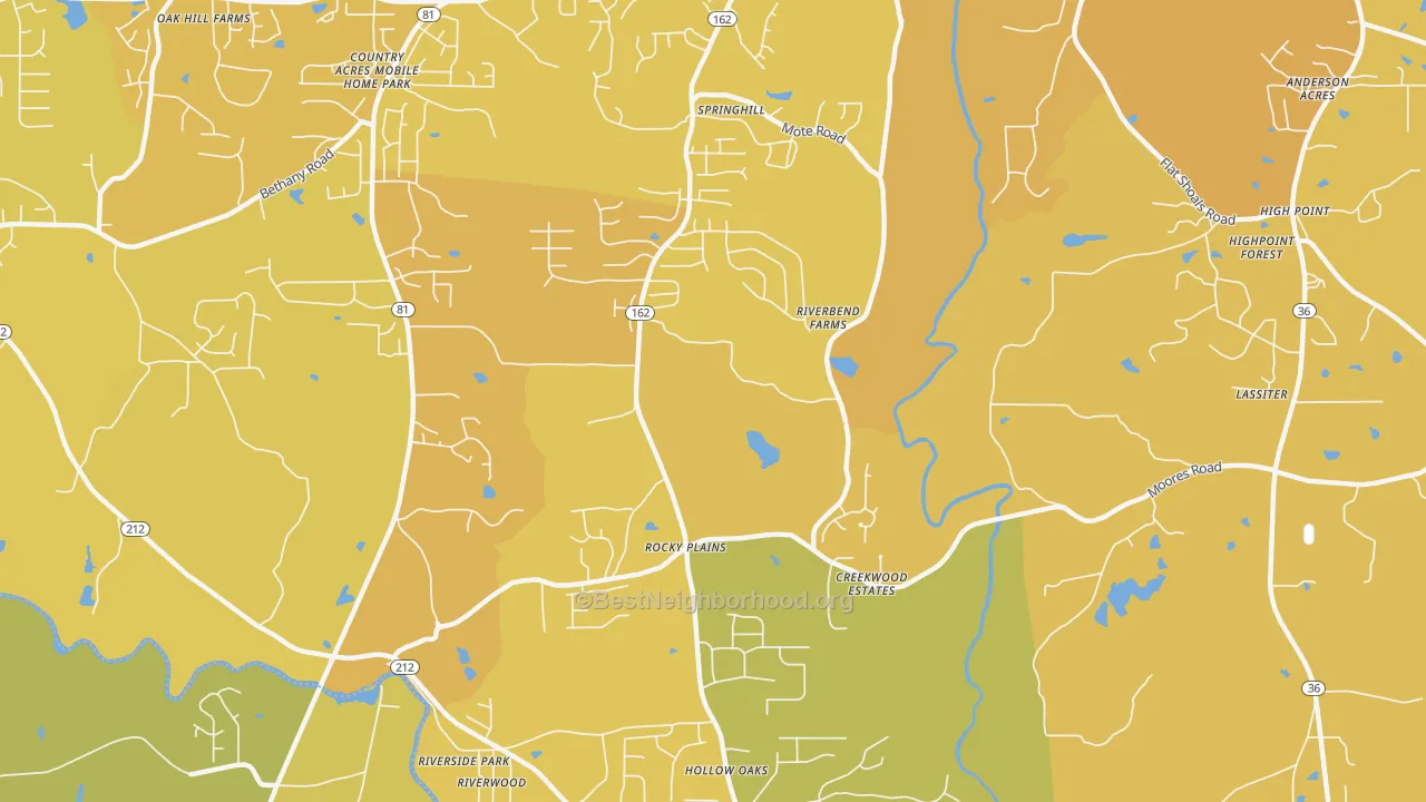 Map of the best neighborhoods in the Rocky Plains area, with better matches in green and worse matches in red