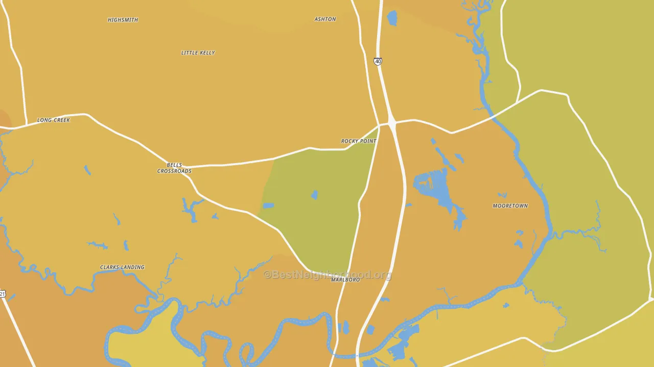 Map of the best neighborhoods in the Rocky Point area, with better matches in green and worse matches in red
