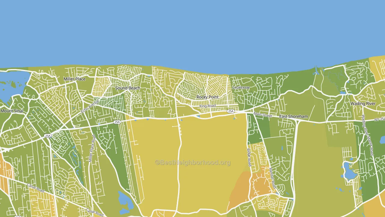 Map of the best neighborhoods in the Rocky Point area, with better matches in green and worse matches in red