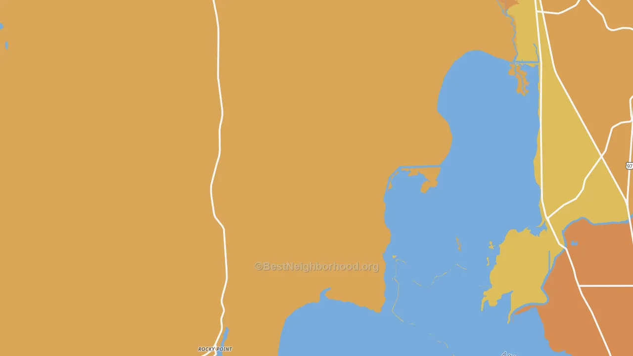 Map of the best neighborhoods in the Rocky Point area, with better matches in green and worse matches in red