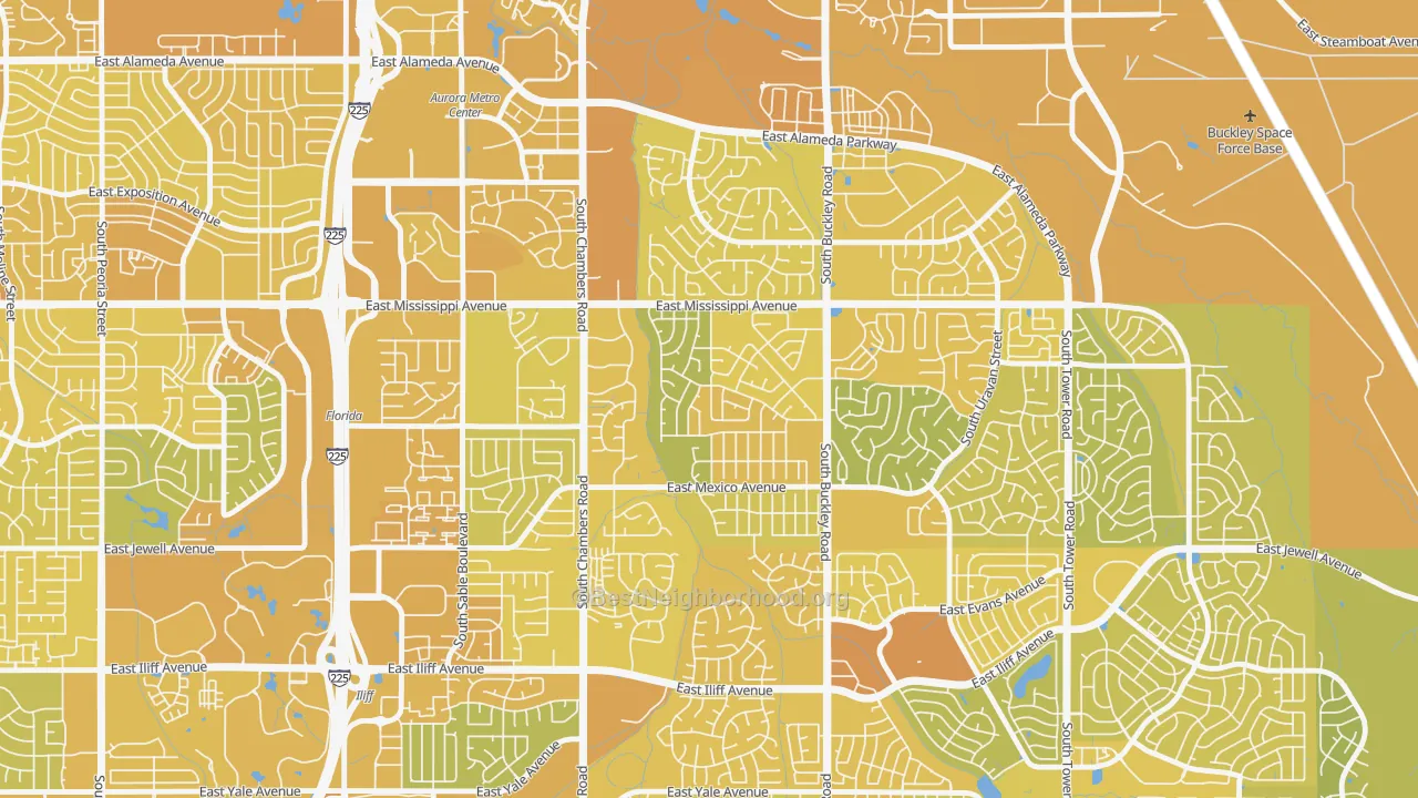 Map of the best neighborhoods in the Rocky Ridge, Aurora area, with better matches in green and worse matches in red