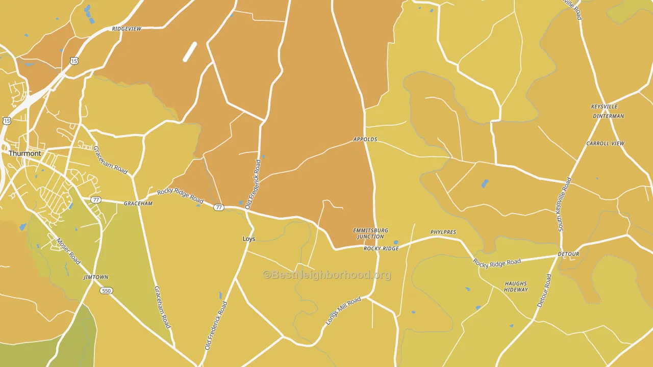 Map of the best neighborhoods in the Rocky Ridge area, with better matches in green and worse matches in red