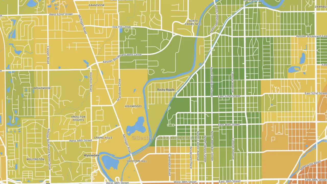 Map of the best neighborhoods in the Rocky Ripple area, with better matches in green and worse matches in red