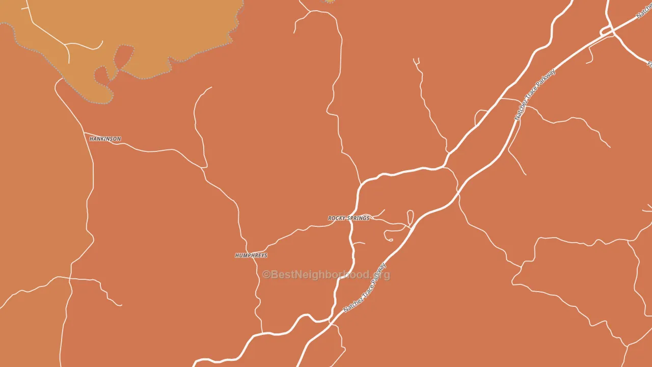Map of the best neighborhoods in the Rocky Springs area, with better matches in green and worse matches in red