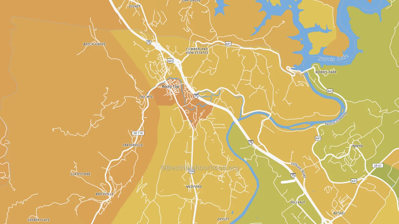 Map of the best neighborhoods in the Rocky Top area, with better matches in green and worse matches in red