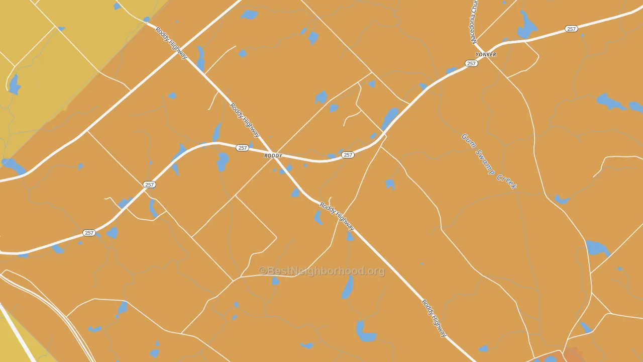 Map of the best neighborhoods in the Roddy area, with better matches in green and worse matches in red